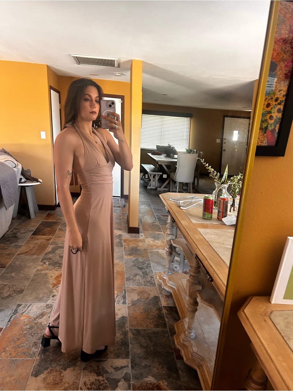 Elegant Halter Bridal Guest / Black Tie Evening Dress Tan size small